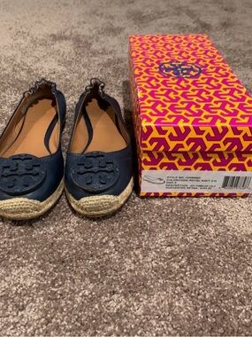Tory Burch Navy Leather Espadrille Flats with Logo